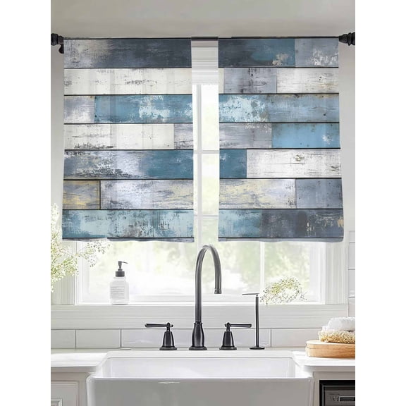 Blue Grey Wooden Sheer Curtains for Living Room Bedroom Farmhouse Vintage Cabin Stripes Sheer Curtains 45 Inch Long 2 Panels Set Light Filtering Curtain Window Treatments Drapes for Dining Room
