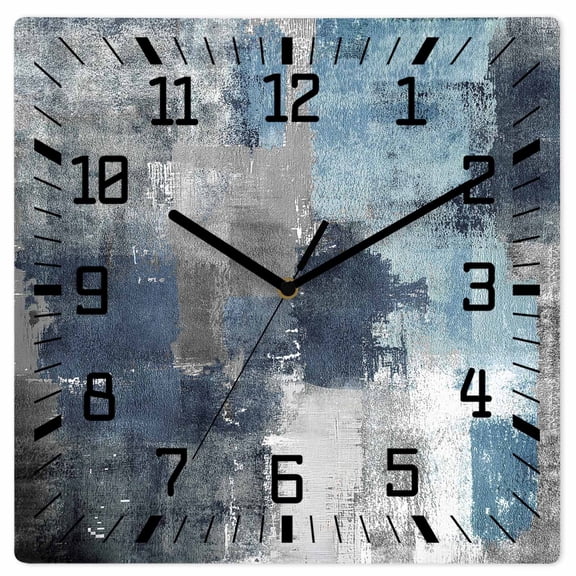Blue Grey Wooden Wall Clock Silent Non Ticking, Abstract Art Oil Painting Modern Geometric Square Wall Clocks Battery Operated, Decor Clock for Home Office, Living Room, Kitchen, 12 Inch