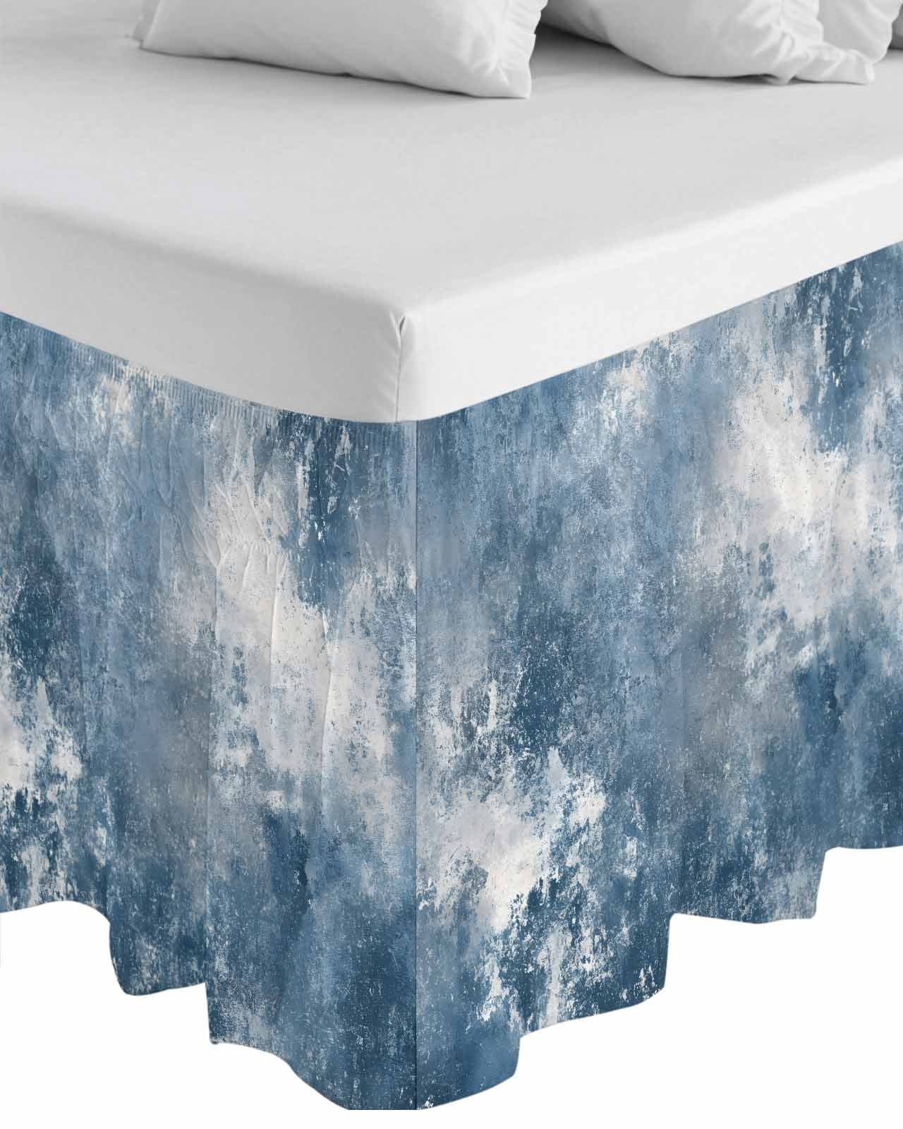 Blue Grey Wrap Around Bed Skirts for Queen Bed 16" Drop, Bed Skirt with Adjustable Elastic Belt Dust Ruffle Bed Valance for Bedroom Hotel Luxury Oil Painting Modern Abstract Bed Frame Cover