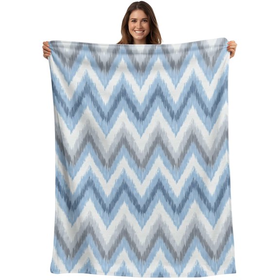 Blue Grey Zigzag Blanket Soft Cozy Warm Throw Blanket for Couch, Plush Fuzzy Flannel Blankets for Sofa, Modern Abstract Stripe Geometric Bed Blankets Lightweight Gifts for Women, 30"x40"