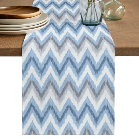 Blue Grey Zigzag Short Table Runner 36 Inches Long,Modern Abstract Stripe Geometric Cotton Linen Table Runners Dresser Scarves,Fabric Tabletop Scarf Furniture Cover for Home Dinner Party 13"x36"