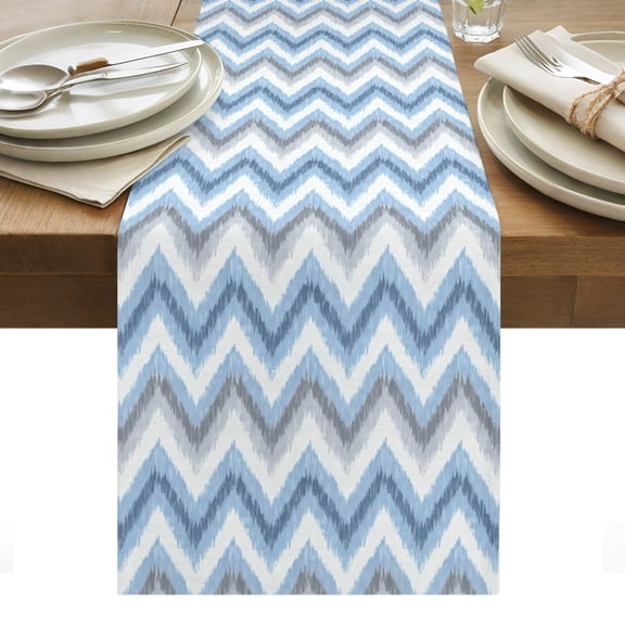 Blue Grey Zigzag Table Runner Modern Abstract Stripe Geometric Tablerunners 13 x 48 Inch, Table Decorations Tabletop Scarf for Summer Gathering Holiday Farmhouse Kitchen Dining Decor
