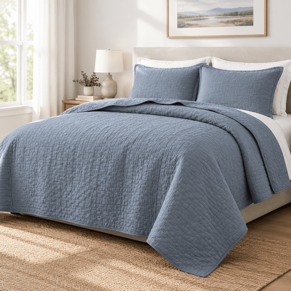 Blue Greyton Quilt Queen Size Bedding Sets With 2ow Shams Textured ...