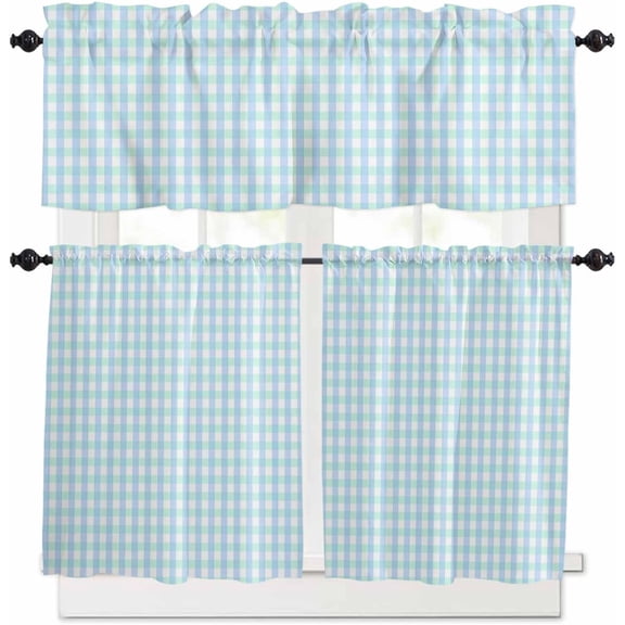 Blue Grid Kitchen Curtains, Checkered Plaid Gingham Lattice Trellis Print 3-Piece Kitchen Curtain Valance and Tiers Set 24 Inch Length, Rod Pocket Half Window Curtains for Cafe Living Room Bathroom