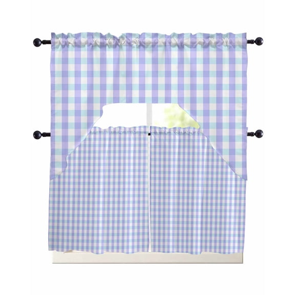 Blue Grid Kitchen Curtains Set for Windows 3 Piece Cafe Curtains 36 Inch Length Swag Curtains Valances and Tier Set Checkered Plaid Gingham Lattice Trellis Print Drapes for Bedroom Bathroom