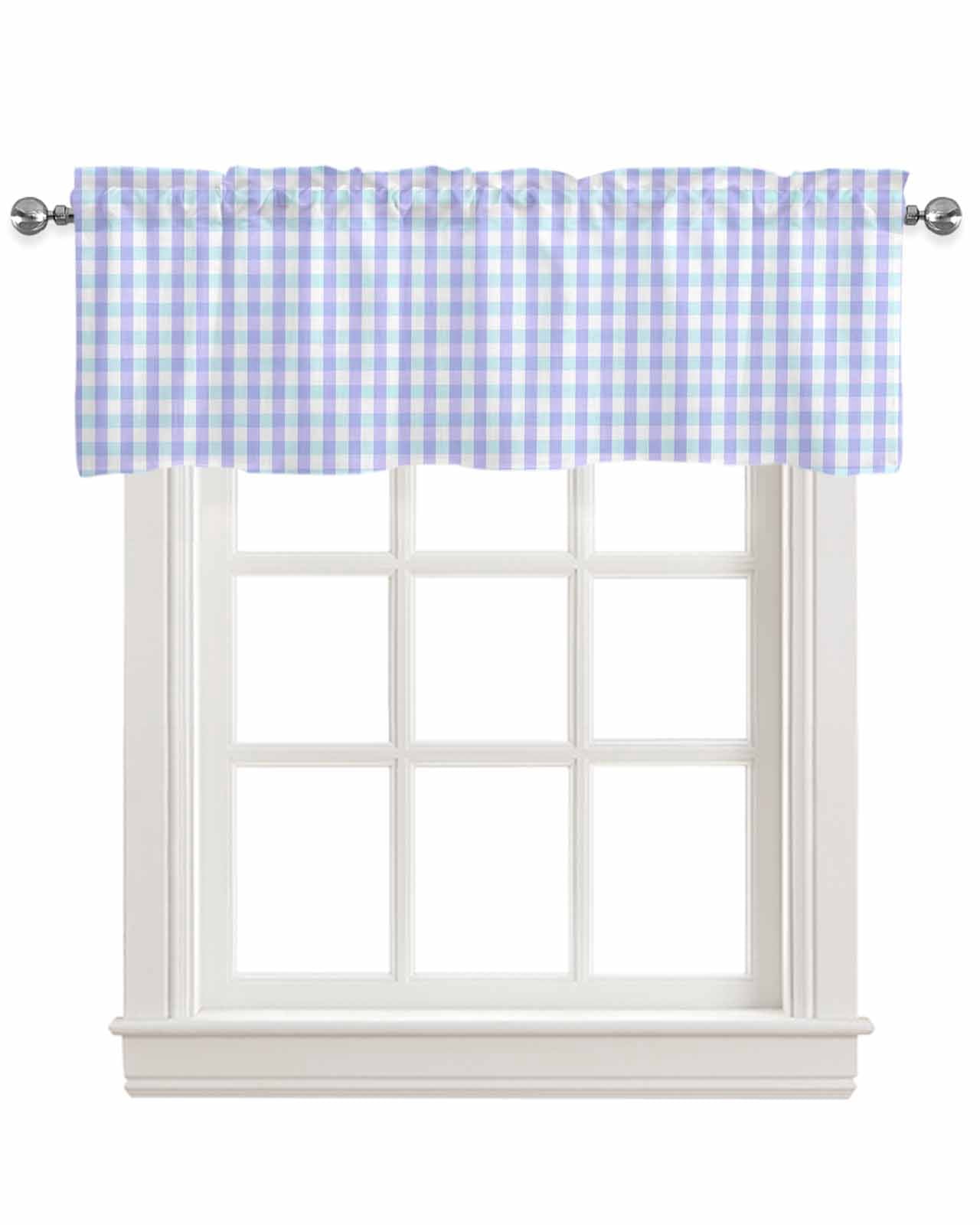 Blue Grid Kitchen Valances for Windows Farmhouse Linen Window Valance Curtain for Living Room Window Treatment Checkered Plaid Gingham Lattice Trellis Print Valance Rod Pocket Topper, 54 x 18 Inch
