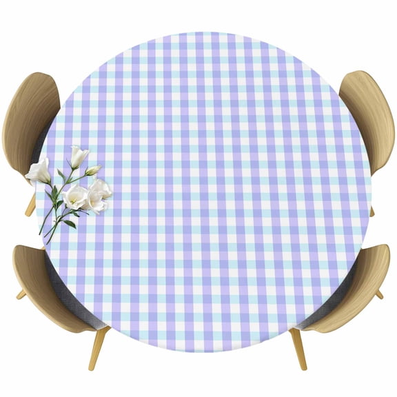 Blue Grid Round Tablecloth, Fitted Table Cover with Elastic for 36"-44" Round Tables, Checkered Plaid Gingham Lattice Trellis Print Table Cloth Outdoor Indoor Dinning Party Waterproof Tablecloths