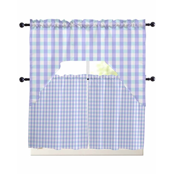 Blue Grid Swag Curtains for Living Room/Bedroom Windows, Checkered Plaid Gingham Lattice Trellis Print Kitchen Curtains and Valances Set 36 Inch Length, Light Filtering Swags Valance Curtain Panels