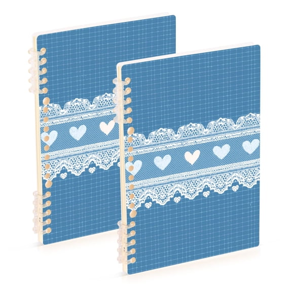 Blue Grids Lace Hearts Valentine Notebook Detachable Coil Notebook Diary Plan Book A5 Size 60 Pages 2 Pack