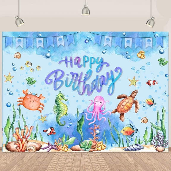 Blue Groovy Ocean Animal Underwater Backdrop for Birthday Party Seawater Happy Birthday Backdrop Banner Ocean Turtle Under The Sea Background for Birthday Party Cake Table Decoration Supplies