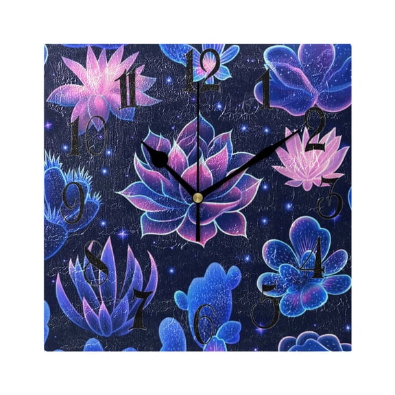 Blue Growing Flowers Wall Clock Decorative Square Silent Non-Ticking Operated Clocks Aesthetic for Bedroom Living Room