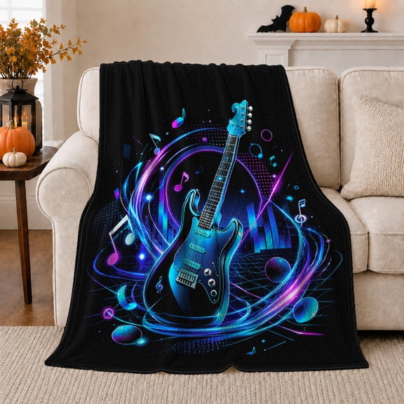 Blue Guitar with Neon Purple Music Swirls, Playful Graphic Style for Guitar Lovers, Electric Melody Scene and Birthday Gift, Soft Flannel Blanket for Music Room and Dorm, Home Decor
