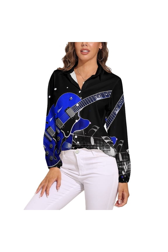 Blue Guitar Notes Long Sleeve Blouse Woman Streetwear Casual Shirts Summer Oversize Woman Streetwear Clothing Birthday Present