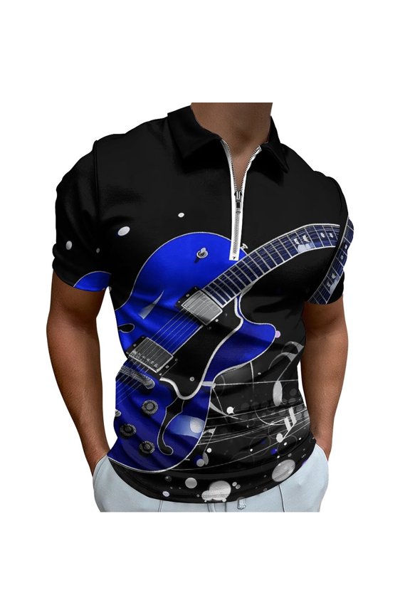 Blue Guitar Notes Men Zipper T-shirt Summer Casual Short Sleeve T-shirt Top