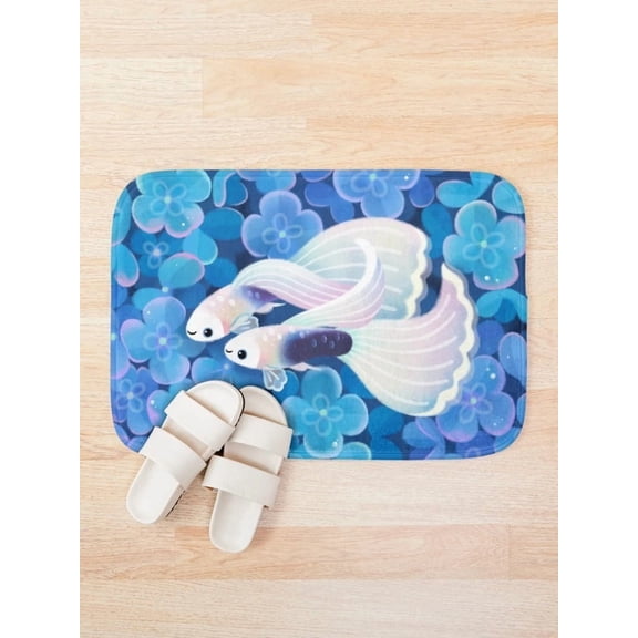 Blue Guppy Fish Bath Mat, Cute Floral Bathroom Floor Mat, White Tuxedo Guppy Design, 15.7 x 23.6 in or 19.7 x 31.5 in
