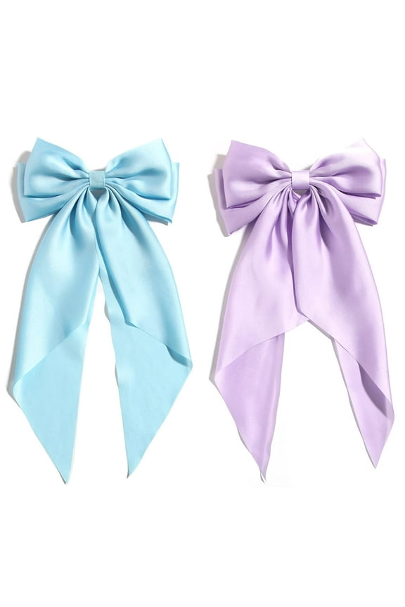 Blue Hair Bow Clips for Women Lilac Big Bows Metal Clips French Barrette with Long Tail Satin Ribbon Hairpin Lady Barrettes Scrunchies Ponytail Accessories 2pcs