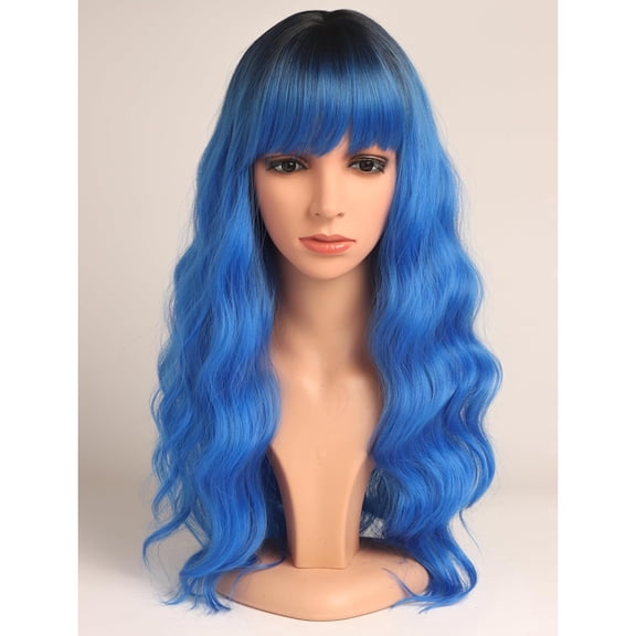 Blue Hair Wavy Wigs With Bangs For Women Synthetic Blue Wigs For Daily Use Everyday Wear.