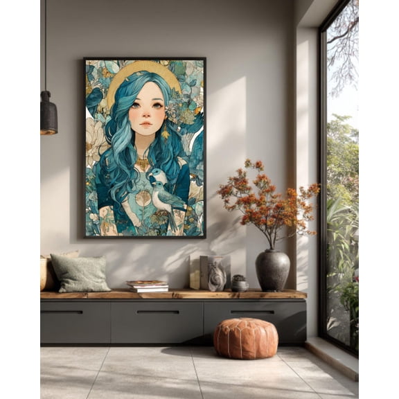 Blue-Haired Chakra Goddess Art: Watercolor Spiritual Canvas With Crystals, Unframed Poster Size 16x24