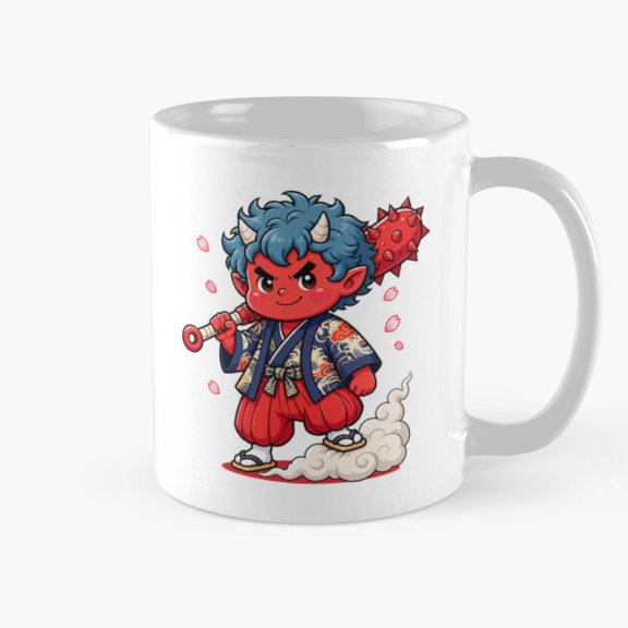 Blue-Haired Oni Warrior 11oz Ceramic Mug, Japanese Folklore Art with Spiked Club and Cherry Blossom Petals