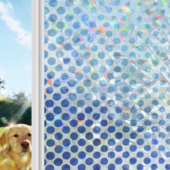 Blue Halftone Dots Rainbow Window Privacy Film, Modern Abstract Geometric Minimalist Gradient Stained Glass Window Film, Sun Blocking Glass Clings Non Adhesive Door Stickers 17.7 x 39.3 Inches
