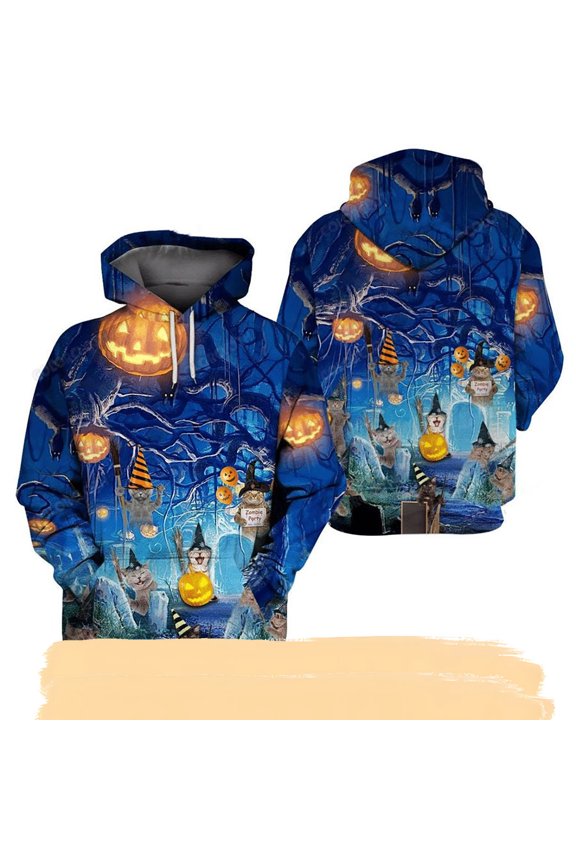 Blue Halloween Cat 3D over Printed Sweat Halloween AOP Unisex 3D Hoodie