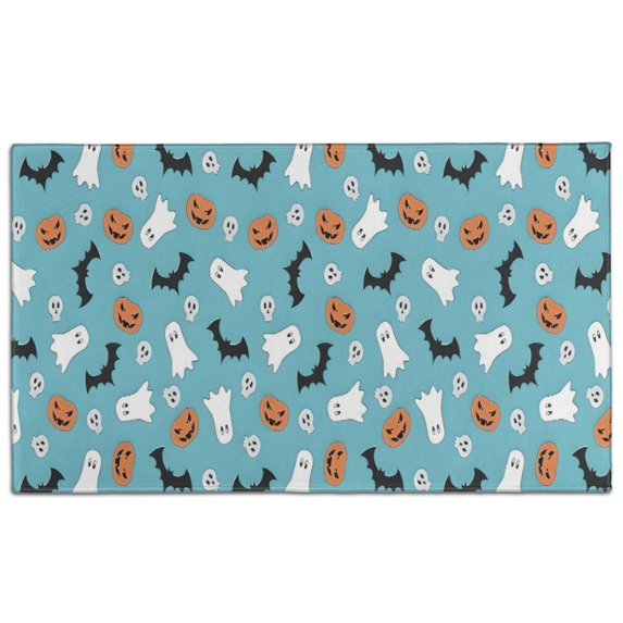 Blue Halloween Ghosts Pumpkins Skulls and Bats Door Rugs,Washable Non Slip Door Mats Indoor,Decorative Door Mats,Entry Mat Indoor for Entrance,Bedroom,Kitchen,Bathroom,17"x30"