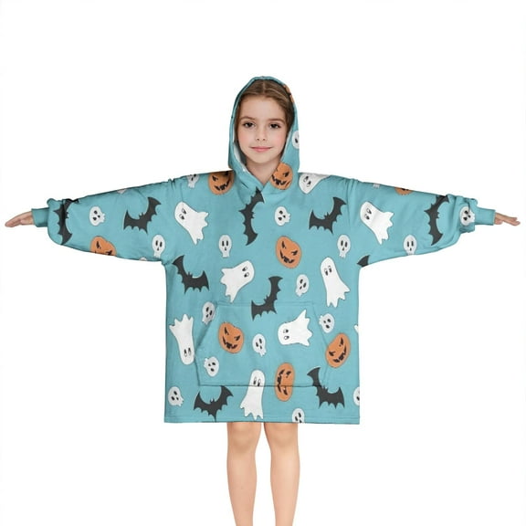 Blue Halloween Ghosts Pumpkins Skulls and Bats Blanket Hoodies for Kids 6-13YR Oversize Wearable Blanket Hoodies for Boys Girls Teens
