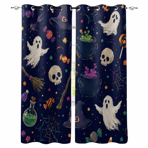 Blue Halloween Kitchen Curtains Spooky Witch Hat Skull Ghost Cafe Short Curtains for Bathroom Blackout Window Curtain Grommet Small Window Treatment Tier Drapes for Bedroom Living Room 27.5"x39"x2