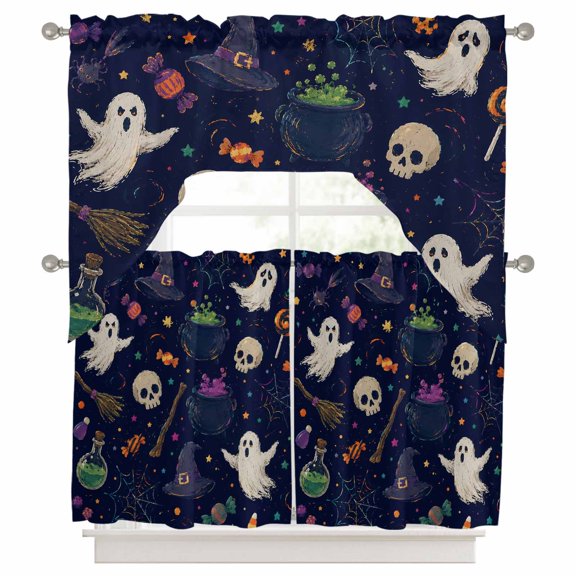 Blue Halloween Kitchen Curtains Swag Valance and Tier Curtains Set 24 Inch Length, Spooky Witch Hat Skull Ghost Rod Pocket Drape Panels Pair Swag Curtains for Bathroom/Cafe/Window