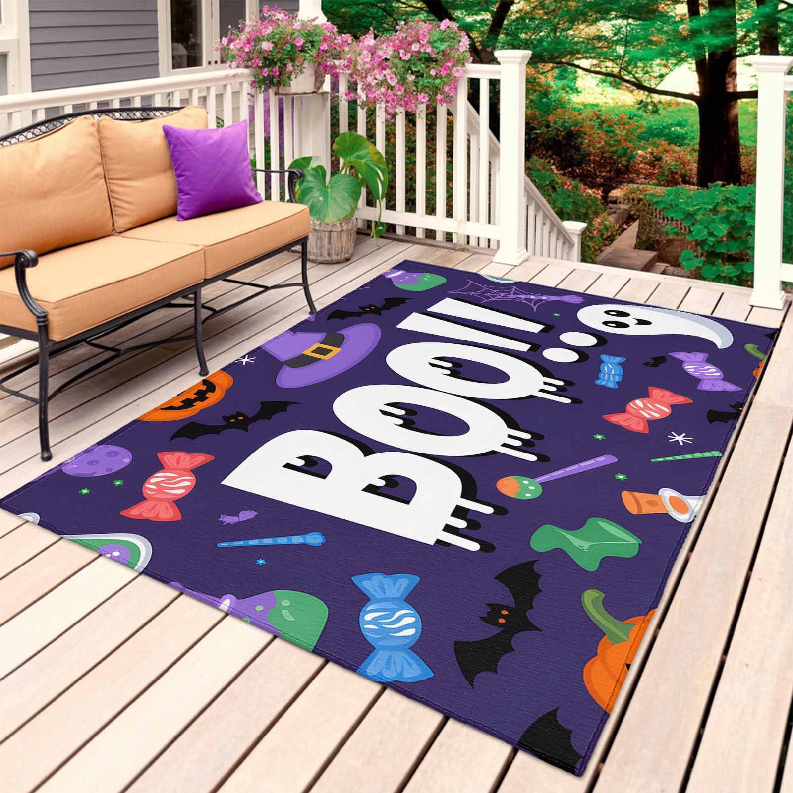 Blue Halloween Outdoor Rug for Patio/Deck/Porch, Non-Slip Large Area ...