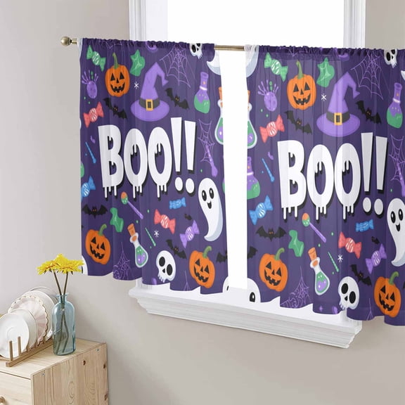 Blue Halloween Sheer Curtains 54 Inches Length 2 Panels Set, Window Sheer Curtains for Living Room/Bedroom, Ghost Bat Candy Horror Skull Wizard Hat Light Filtering Rod Pocket Curtain 52'' x 54'' x 2