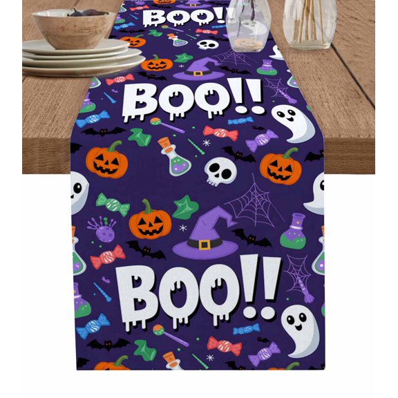 Blue Halloween Table Runner 36 Inches, Ghost Bat Candy Horror Skull Wizard Hat Bed Runner Dresser Scarves Tabletop for Indoor Outdoor Parties/Ceremony/Banquet, 13"x 36"