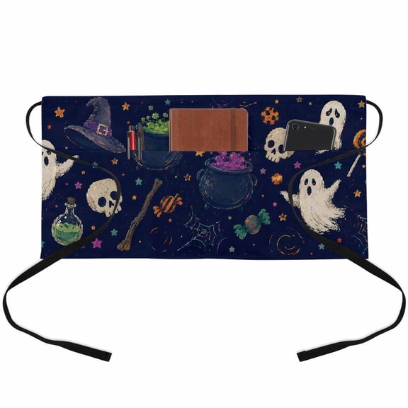 Blue Halloween Waitress Apron with 3 Pockets, Spooky Witch Hat Skull Ghost Server Aprons Waterproof Kitchen Restaurant Half Waist Apron for Men Women