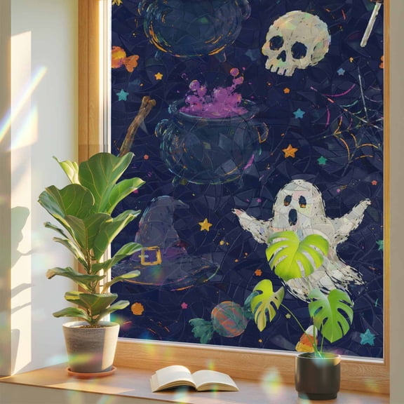 Blue Halloween Window Privacy Film Rainbow Static Cling Stain Glass Window Film for Glass Door, Decorative UV Blocking Sunroof Decal Sticker for Car 23.6"x59" Spooky Witch Hat Skull Ghost
