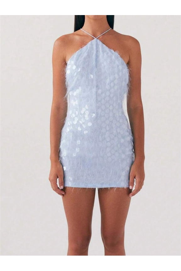 Blue Halter Neck Slip Dress With Sequin Embellishment And Fuzzy Texture Slim Fit Mini Dress For Party