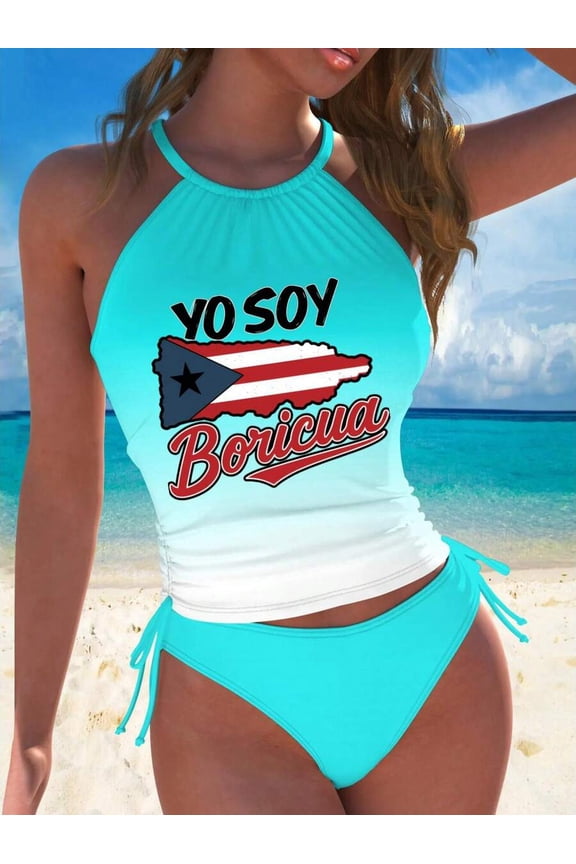 Blue Halter Tankini Swimsuit Set With Puerto Rican Pride Graphic Print