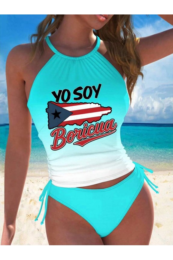 Blue Halter Tankini Swimsuit Set With Puerto Rican Pride Graphic Print