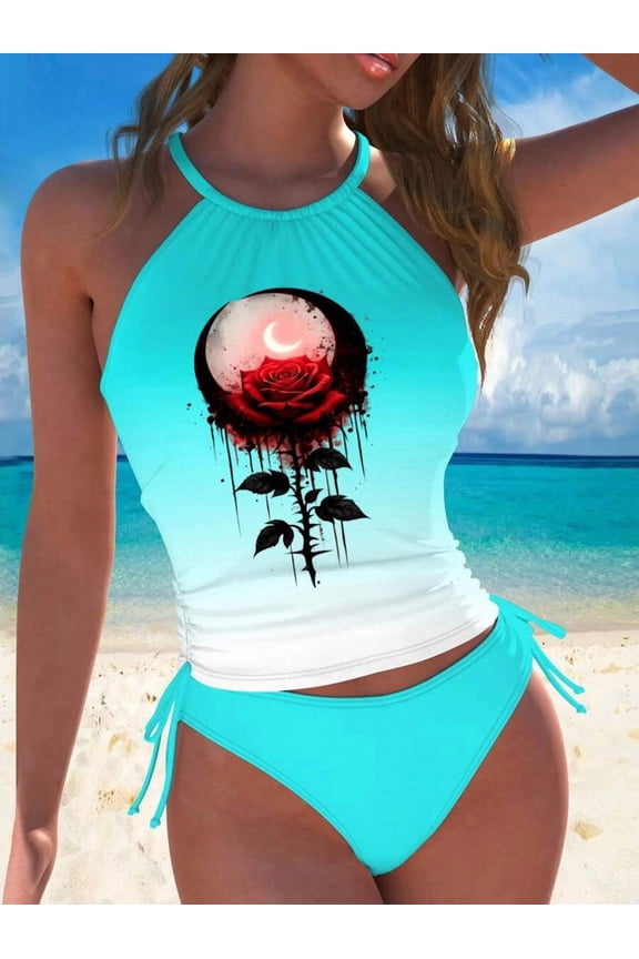 Blue Halter Tankini Swimsuit With Gothic Rose Moon Print Ruched Two-Piece Set