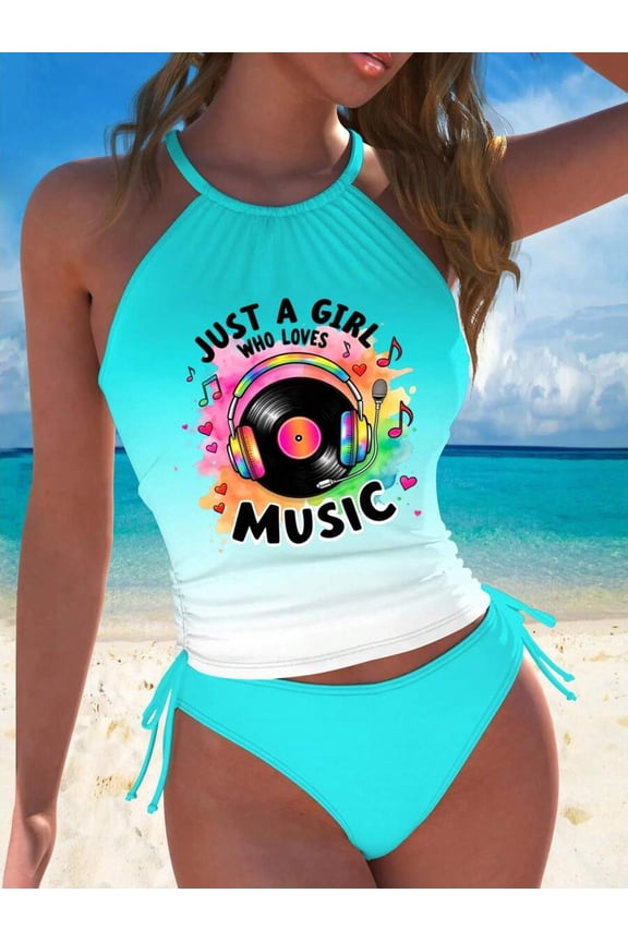 Blue Halter Tankini Swimsuit With Vinyl Music Graphic Print
