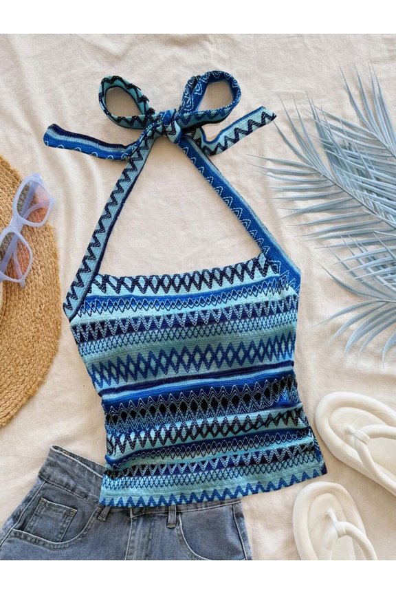Blue Halter Tie-Up Knit Camisole Top With Geometric Stripe Pattern