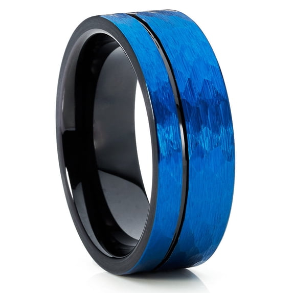 Blue Hammered Wedding Ring,Black Tungsten Ring,Tungsten Carbide Ring,Engagement Ring,Unique Black Ring