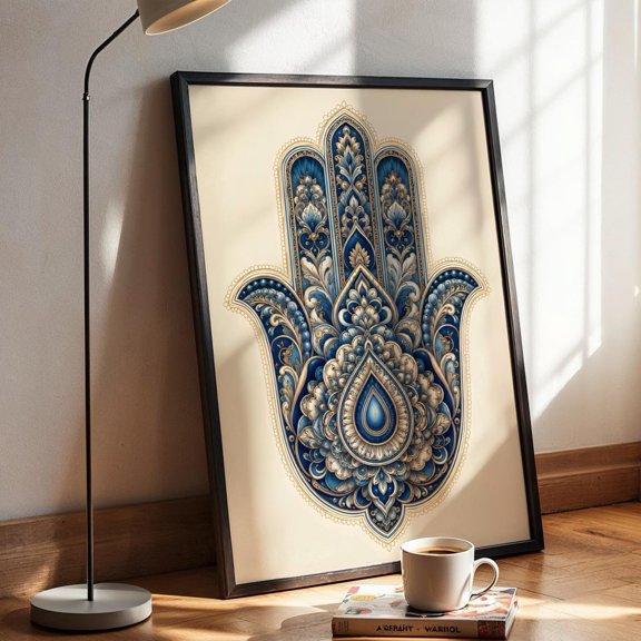 Blue Hamsa Hand Eye Protection Ornate Mandala Spiritual Decorative Wall Art Poster , Poster Print Only