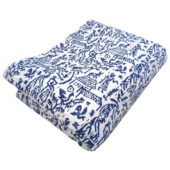 Blue Hand Block Print Kantha Throw Reversible Pure Cotton Bedspread Indian Handmade Bedding Quilt/Coverlet.