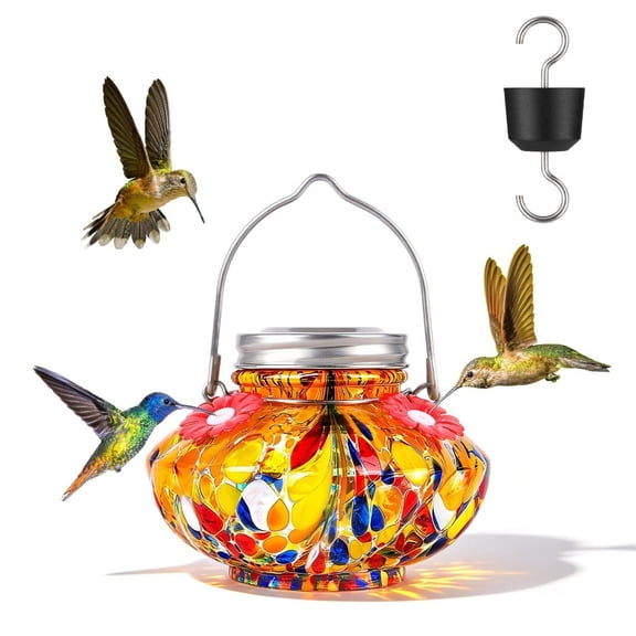Blue Hand Blown Mason Jar Hummingbird Feeder, Top Fill Outdoor Hanging Glass Nectar Feeder with 4 Flower Feeding Ports, Built-in Ant Moat, Bee Proof & Leak Proof Design, Easy Clean Bird Feeding Stati