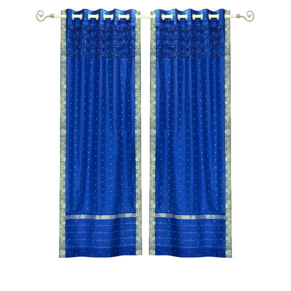 Blue Hand Crafted Grommet Top Sheer Sari Curtain Drape Panel - 43Wx63L - Piece