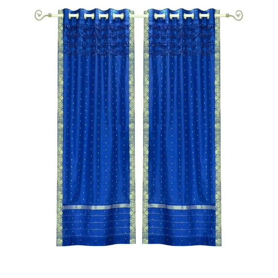 Blue Hand Crafted Grommet Top Sheer Sari Curtain Drape Panel - 43Wx96L - Piece
