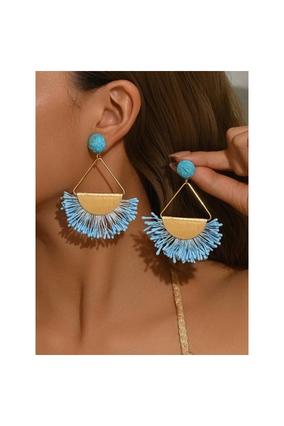 Blue Handmade Woven Raffia Fan Tassel Dangle Earrings With Goldtone Triangle Frame And Rope Ball Stud