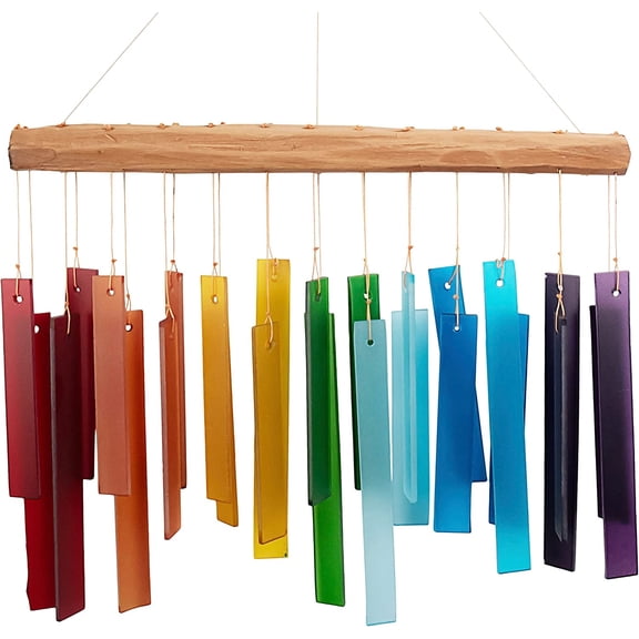 Blue Handworks Color Spectrum Glass and Driftwood Chime | Sandblasted Glass and Found Wood Hand Crafted Wind Chime