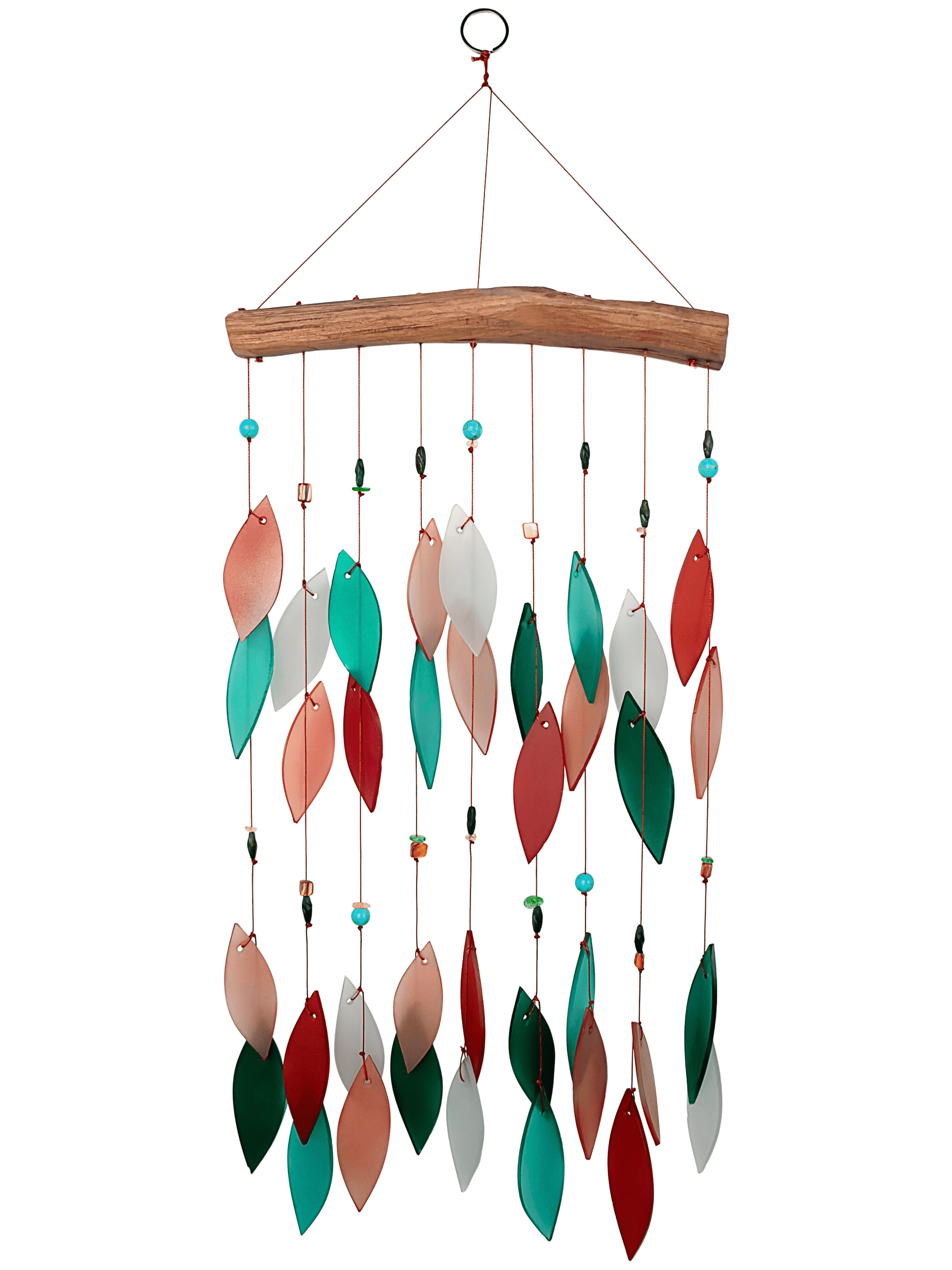 Blue Handworks Coral and Teal Beaded Glass & Driftwood Wind Chime - Sandblasted Glass and Found Wood Handcrafted Outdoor and Garden Windchime