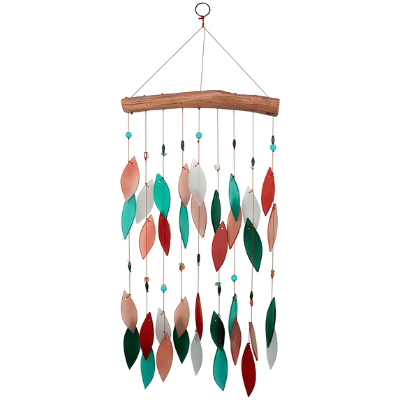 Blue Handworks Coral and Teal Beaded Glass & Driftwood Wind Chime - Sandblasted Glass and Found Wood Handcrafted Outdoor and Garden Windchime